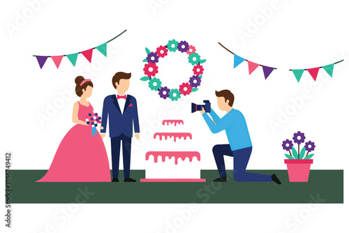 Wedding couple with photographer taking picture of them standing next to pink wedding cake