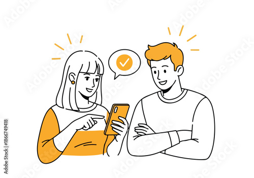 Two people discussing a phone - Lifestyle Illustration, Flat Line Art, Flat Style Illustration, Flat Line Illustration, Cartoon Line Illustration, Modern Outline Flat Illustration