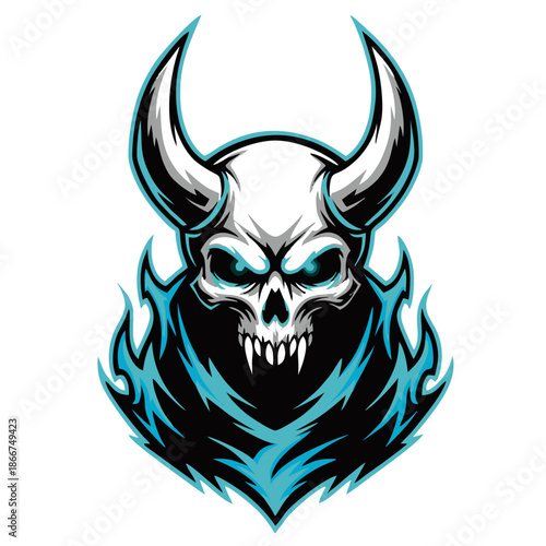 A fierce demonic skull with glowing blue eyes and sharp teeth, surrounded by blue flames.