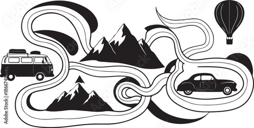 Vehicles and Mountains in Black and White Illustration Style