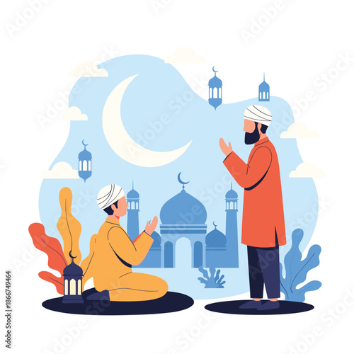 Muslim people praying in front of a blue mosque with crescent moon and hanging lanterns during Ramadan holy month celebration.