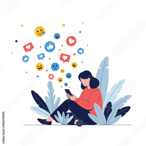 Young woman sitting among large leaves and using her smartphone while social media icons and emojis float around her in the air.