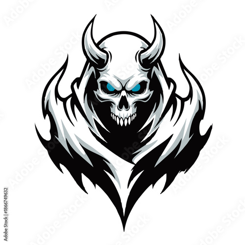 A menacing horned skull with glowing blue eyes and a dark, fiery hooded cloak, designed in a striking esports or gaming logo style.