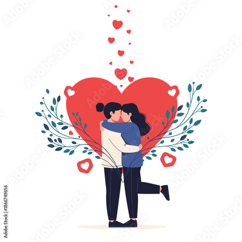 Two young women sharing a warm hug in front of a large red heart decorated with green leaves and small floating hearts.