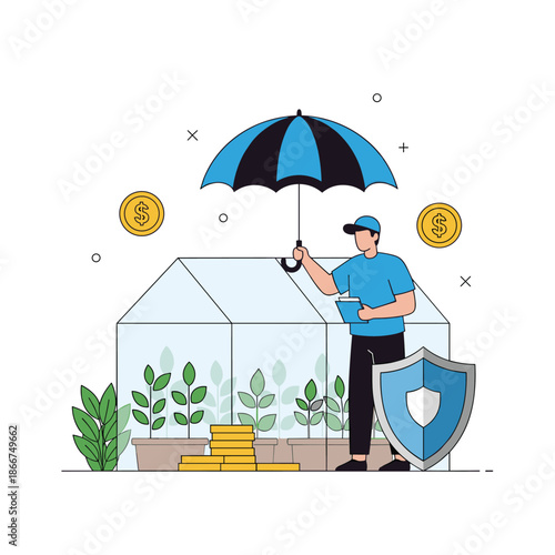 Man holding a large blue umbrella over a greenhouse filled with plants to symbolize agricultural insurance and financial protection.