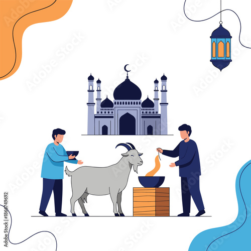 Two men in blue and dark blue clothing feeding a goat in a courtyard with a mosque and traditional lantern in the background.