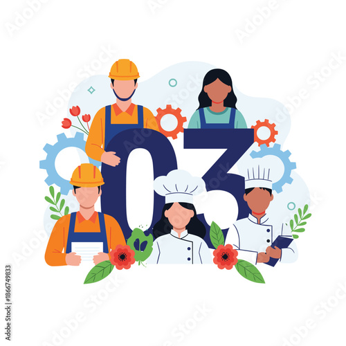 Diverse group of professionals including construction workers and chefs standing around a large number three decorated with flowers and gears.