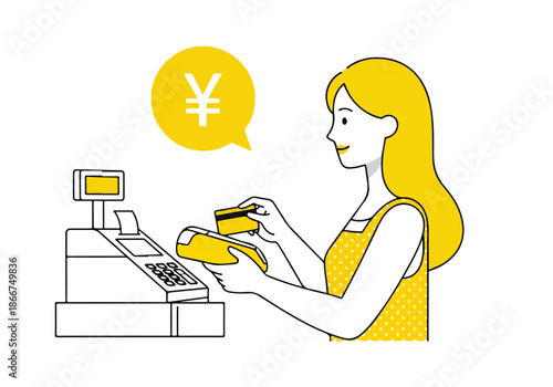 Woman making payment at checkout - Lifestyle Illustration, Flat Line Art, Flat Style Illustration, Flat Line Illustration, Cartoon Line Illustration, Modern Outline Flat Illustration