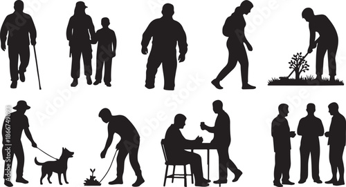 Silhouettes of people in various daily life activities and actions