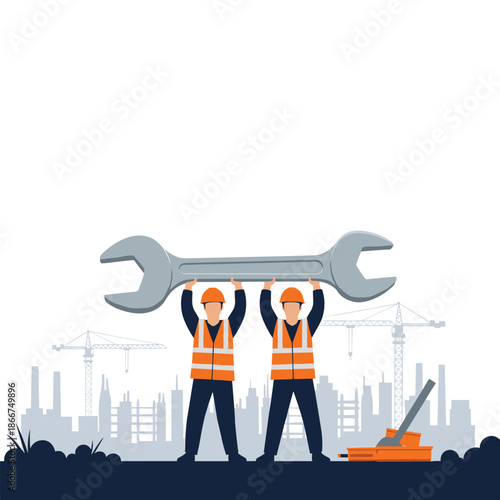 Two construction workers in safety gear holding a massive silver wrench above their heads against a city skyline with construction cranes.