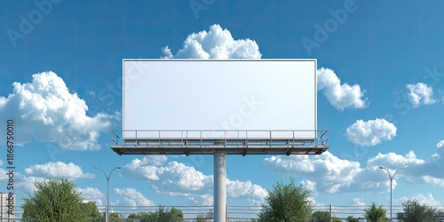 A blank outdoor billboard against a blue sky with fluffy clouds