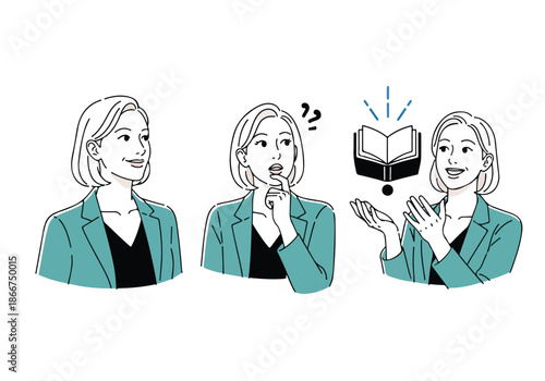 Thoughtful woman engaging with ideas - Lifestyle Illustration, Flat Line Art, Flat Style Illustration, Flat Line Illustration, Cartoon Line Illustration, Modern Outline Flat Illustration