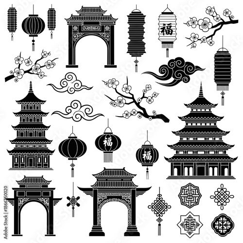 Chinese Gate and Pagoda Icon Set