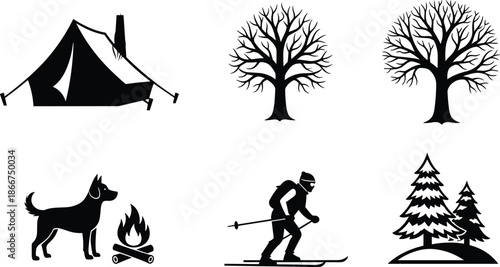 Black Silhouette Outdoor Winter Camping Icons Set with Cross Country Skier Dog Campfire Evergreen Trees and Tent for Wilderness Adventure Graphics