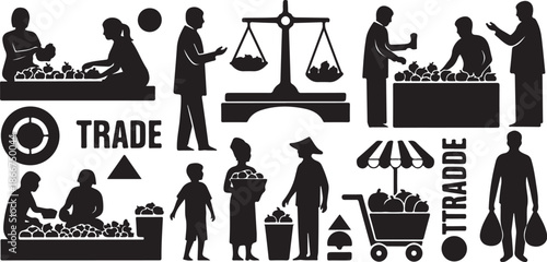Trade and commerce icons with people and scales