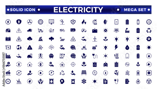 Electricity solid icon set with electromagnetic radiation, charger flow, lightning strike, static, induction, electric current and electromagnetic radiation.