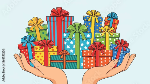 Hands holding a large pile of colorful gift boxes with ribbons.