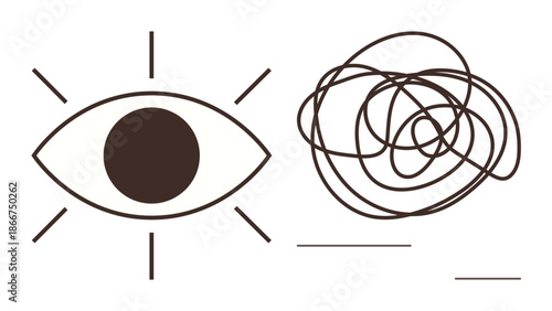 Vision, problem-solving, emotional expression, mental health, clarity, abstract concepts. An eye with rays and a tangled line. Vision and problem-solving concepts in a minimalist style