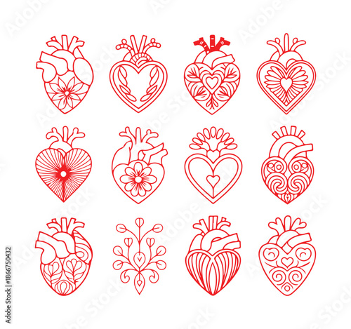 Twelve anatomical heart icons decorated with floral and ornate filigree patterns vector
