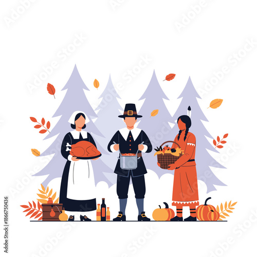 Three people dressed as pilgrims and a Native American woman holding traditional Thanksgiving food like turkey and autumn harvest.
