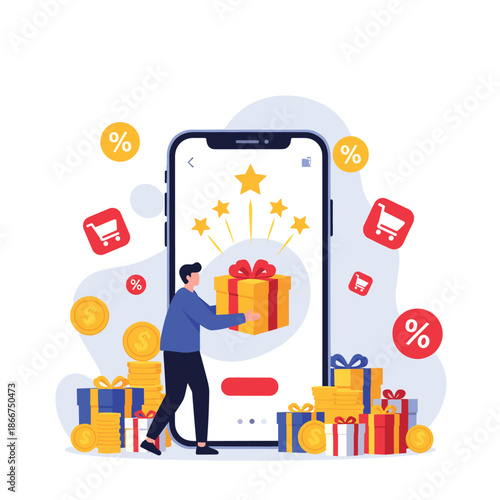 Young man receiving a gift box from a giant smartphone screen representing online rewards and ecommerce marketing promotions.
