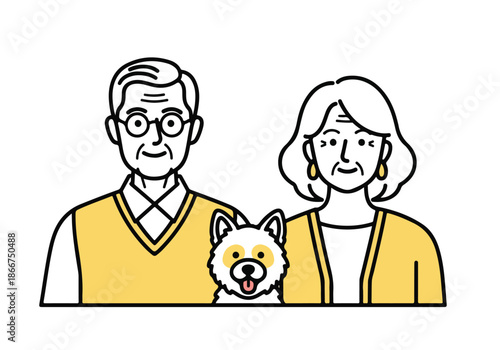 Happy senior couple with dog - Lifestyle Illustration, Flat Line Art, Flat Style Illustration, Flat Line Illustration, Cartoon Line Illustration, Modern Outline Flat Illustration