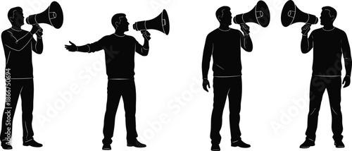 Black Silhouette Set of Man Holding Megaphone and Shouting Concept of Announcement Protest Marketing Communication Social Media Promotion and Public Speaking
