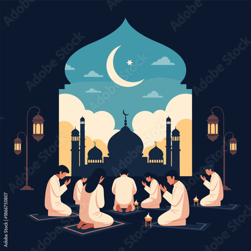 Group of muslim worshippers kneeling and praying inside a beautiful mosque setting with a crescent moon shining through the window.
