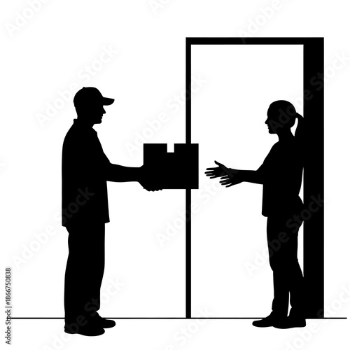 Delivery person handing a package to a woman standing in a doorway