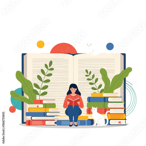 Young woman sitting and reading a book amidst a giant open book and stacks of colorful literature with adorable white cats nearby.