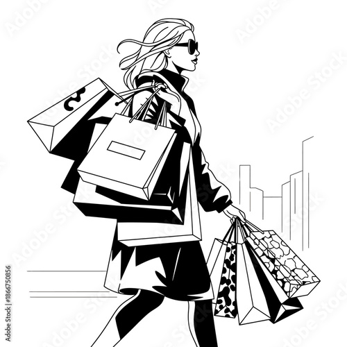 Woman walking with shopping bags in the city