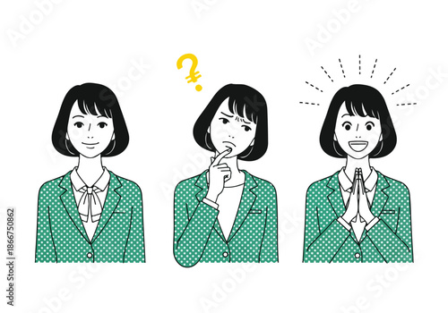 Young woman expressing different emotions - Lifestyle Illustration, Flat Line Art, Flat Style Illustration, Flat Line Illustration, Cartoon Line Illustration, Modern Outline Flat Illustration