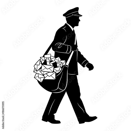 Postman walking with mailbag full of letters on a white background