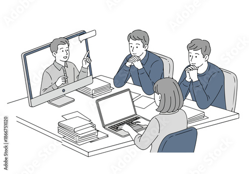 Team collaboration in office meeting - Lifestyle Illustration, Flat Line Art, Flat Style Illustration, Flat Line Illustration, Cartoon Line Illustration, Modern Outline Flat Illustration