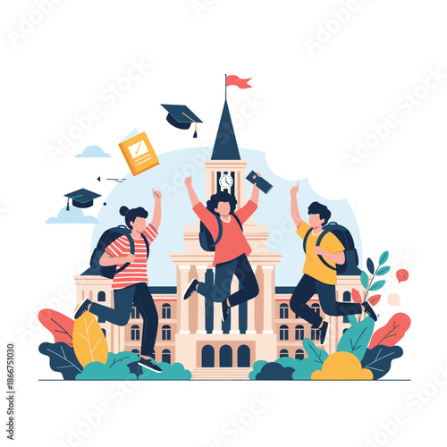 Group of students jumping with joy in front of their college campus building to celebrate their graduation and academic success.