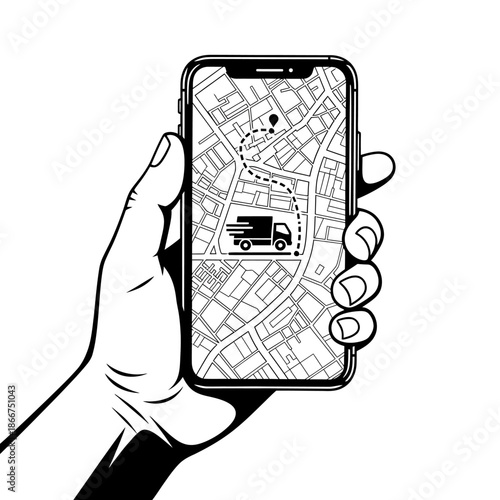 Hand holding a smartphone displaying a map with a delivery truck navigation route