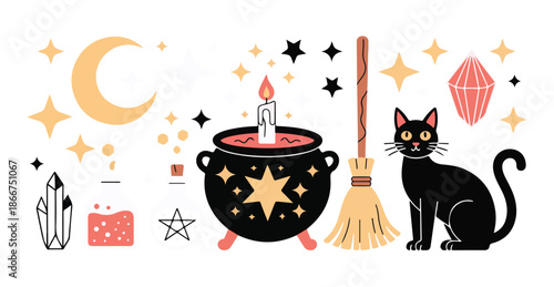 Colorful magic witchcraft elements with crescent moon, stars, potion, candle, cauldron, broom, cat