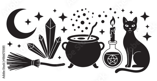 Black magic witchcraft elements with crescent moon, crystals, broom, cauldron, potion, candle, cat
