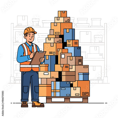 Warehouse worker inspecting a large stack of packages on a pallet in a storage facility