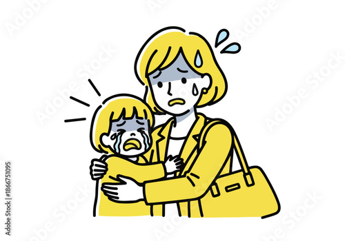 Mother comforting crying child - Lifestyle Illustration, Flat Line Art, Flat Style Illustration, Flat Line Illustration, Cartoon Line Illustration, Modern Outline Flat Illustration