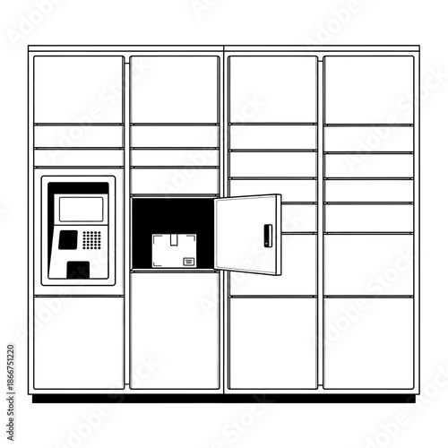 A detailed illustration of a locker with an open compartment displaying a parcel inside