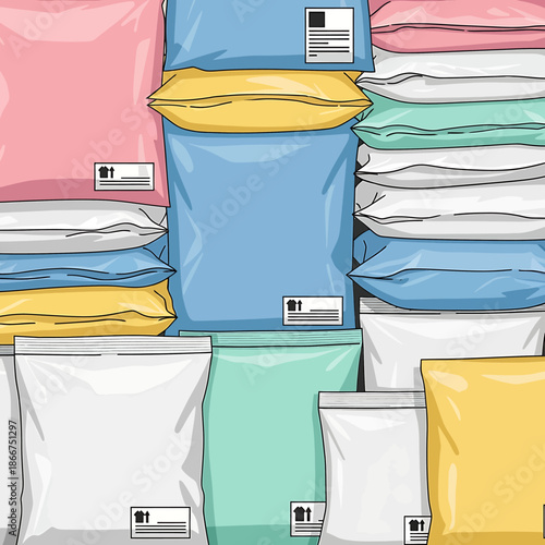 Stacks of colorful mail bags neatly arranged in a storage area