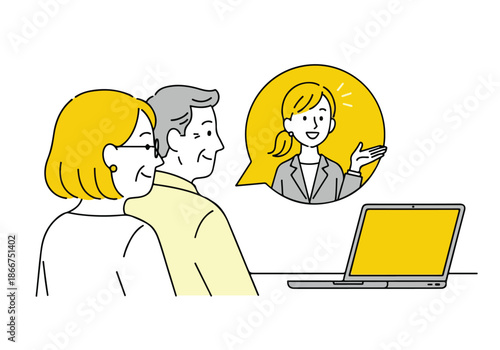 Couple having virtual meeting with agent - Lifestyle Illustration, Flat Line Art, Flat Style Illustration, Flat Line Illustration, Cartoon Line Illustration, Modern Outline Flat Illustration
