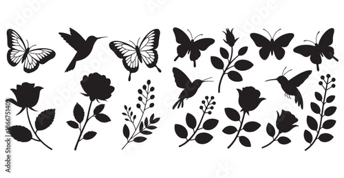 Black silhouette collection various flying birds roses and decorative floral branches