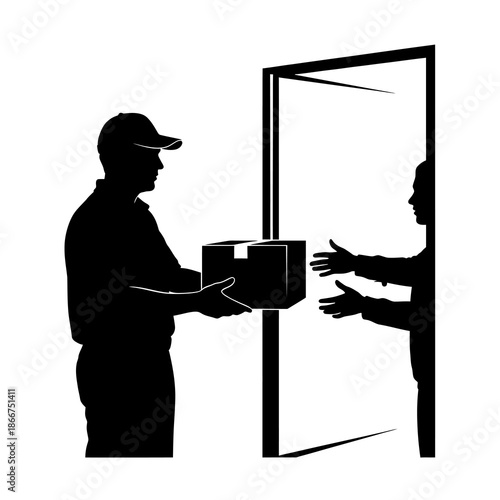 Delivery man handing a package to a person through an open doorway