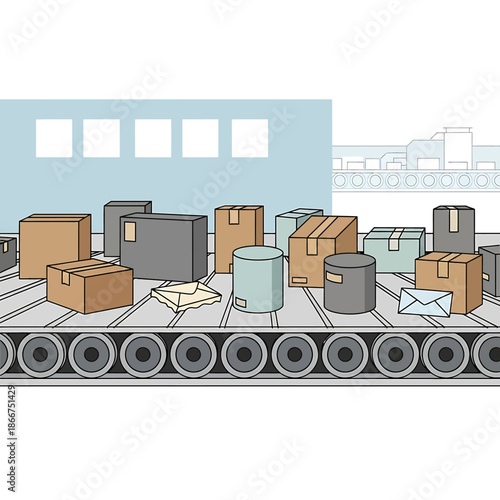 Industrial Supplies and Packaging Materials on a Conveyor System in a Warehouse Setting
