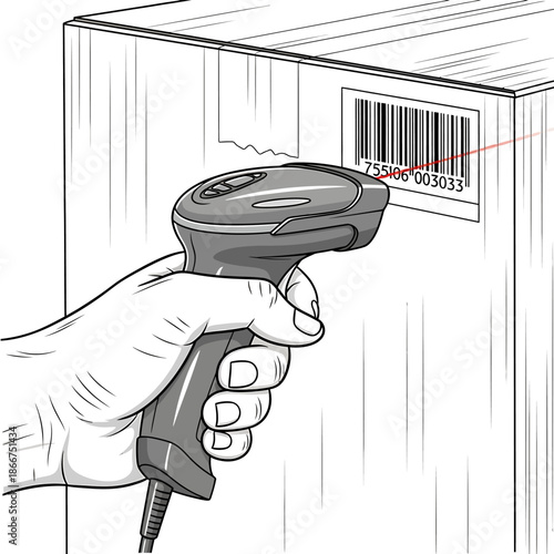 Hand holding barcode scanner near a box with a barcode label on it
