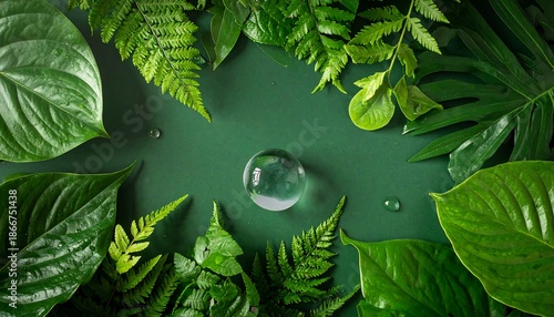 Aesthetic Arrangement of Lush Green Leaves and Water Droplets.