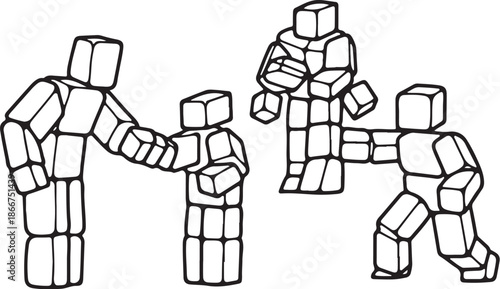 Blocky cartoon characters in various fighting poses