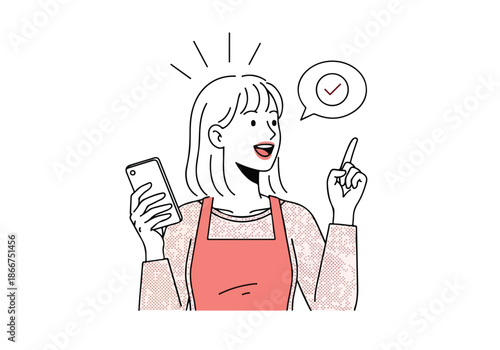 Excited woman holding phone and pointing - Lifestyle Illustration, Flat Line Art, Flat Style Illustration, Flat Line Illustration, Cartoon Line Illustration, Modern Outline Flat Illustration